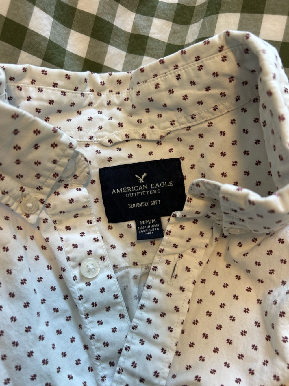 American Eagle Outfitters White Button-Down Shirt with Burgundy Micro Print